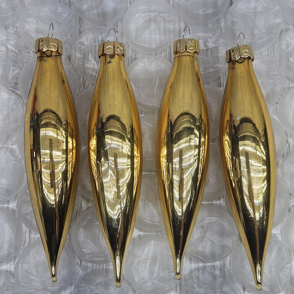 Vintage Gold Glass Tear Drop Ornaments Set 4 Christmas Holiday Decor Retro MCM